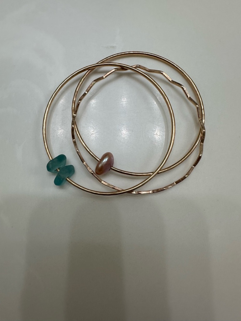 Set of 3 Gold-Filled Bangles Blue Seaglass Pink Pearl Hammered Hawaii 8.25” - Picture 2 of 5